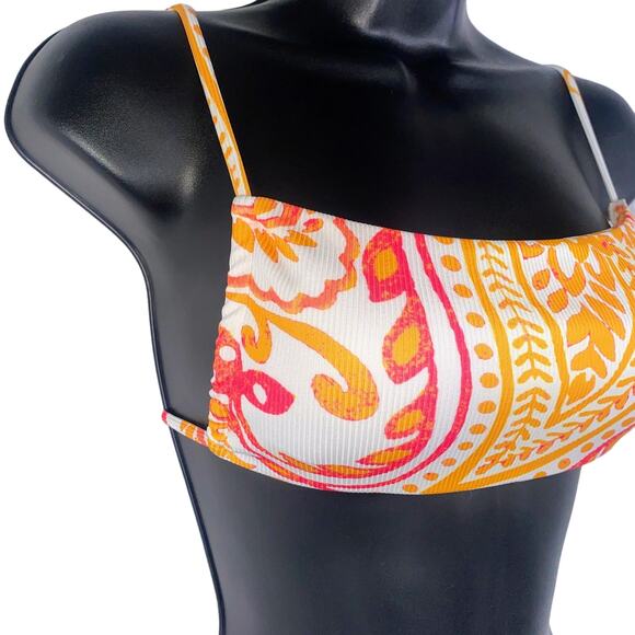 New Small Orange Pink Paisley Print Square Neck‎ Bandeau Bikini Halter Swimsuit - Picture 6 of 6